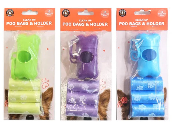 Dog Poo Bags With Holder - Set of 4 (3 Rolls x 15 Bags & Holder)
