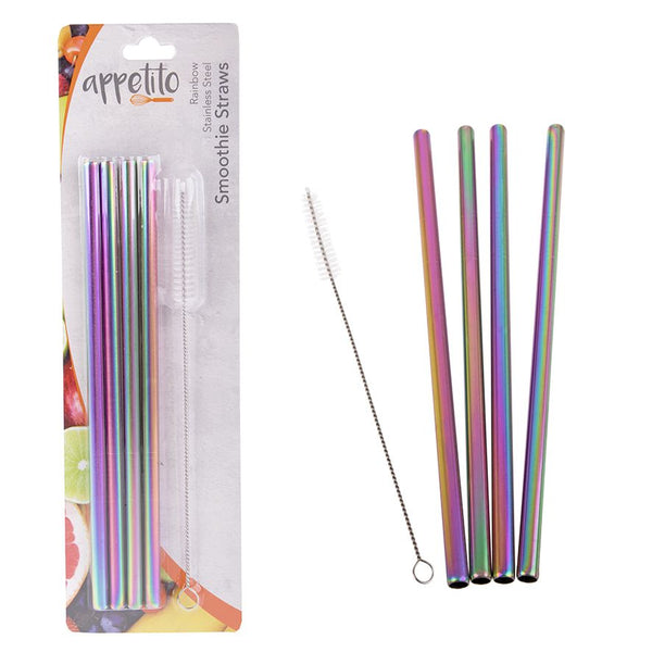 Appetito Stainless Steel Straight Smoothie Straws - Set of 4 with Brush - Rainbow