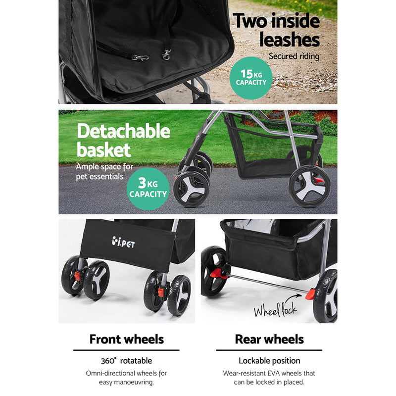 i.Pet 4 Wheel Stroller for Pets - Black