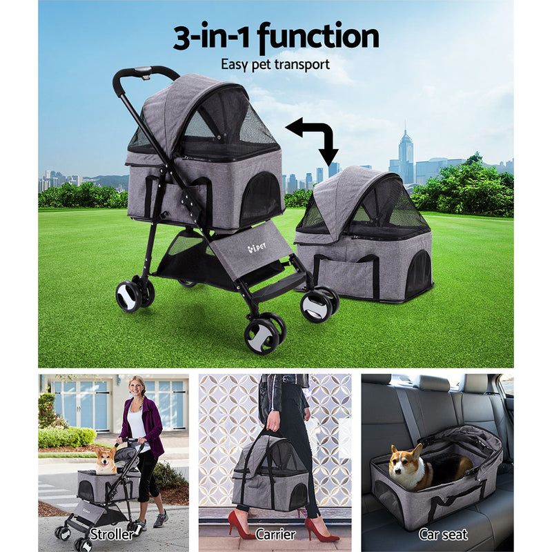 i.Pet Pet Stroller Dog Carrier Foldable Pram 3 IN 1 Grey