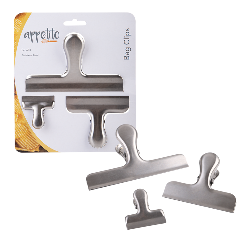 Appetito Stainless Steel Bag Clips - Set of 3 - Assorted Sizes