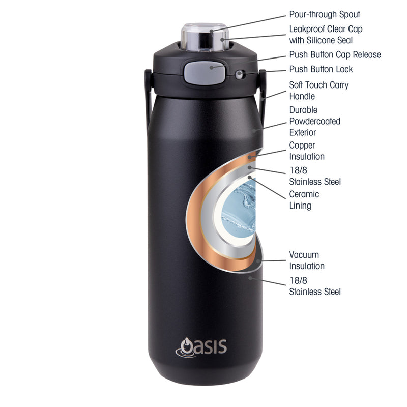 Oasis Ceramic Stainless Steel Triple Wall Insulated Capri Drink Bottle with Quick Release Lid 750ml - Black