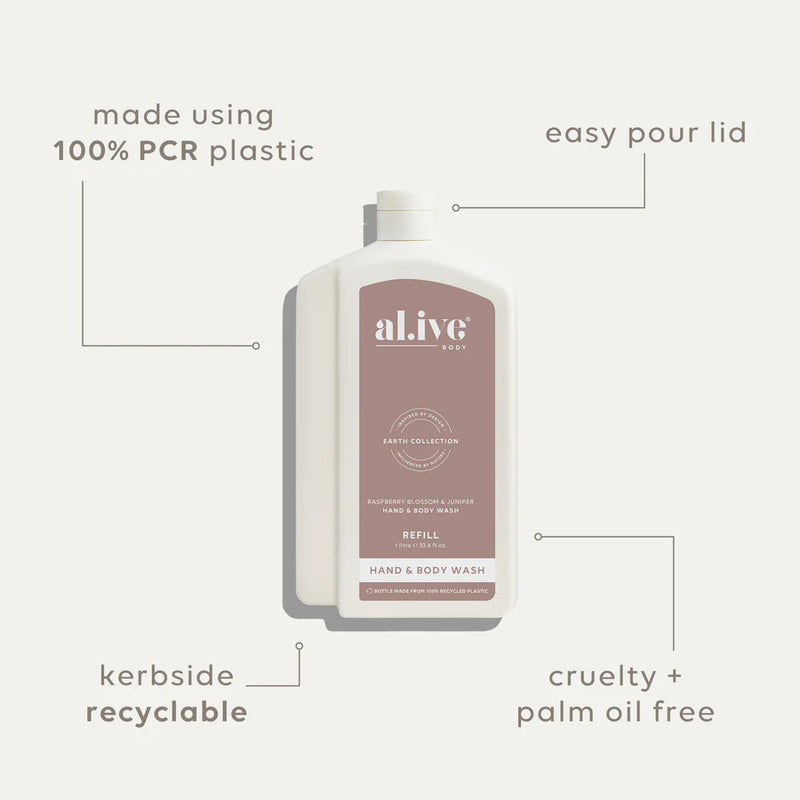al.ive Hand & Body Wash Refill 1L - Raspberry Blossom & Juniper (Made in Australia)