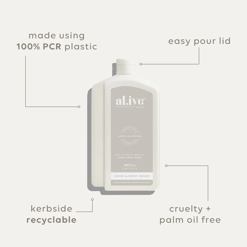 al.ive Hand & Body Wash Refill 1L - Sea Cotton & Coconut (Made in Australia)