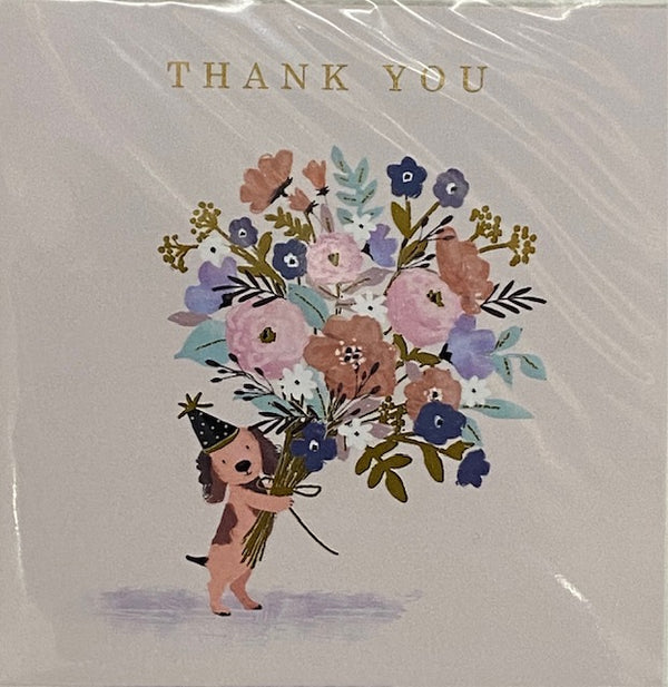 Thank You - Dog With Flowers - Notecard - 10x10cm