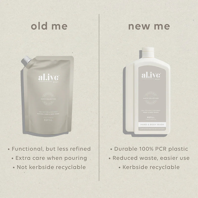 al.ive Hand & Body Wash Refill 1L - Sea Cotton & Coconut (Made in Australia)