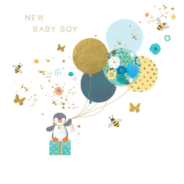 New Baby Boy - Penguin With Balloons - Card 15.5x15.5cm