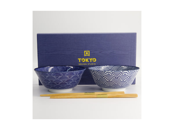 Tokyo Design Studio Nippon Blue Tayo Bowls & Chopsticks 2pc Giftset - Dot Wave - Gift Boxed - Made In Japan