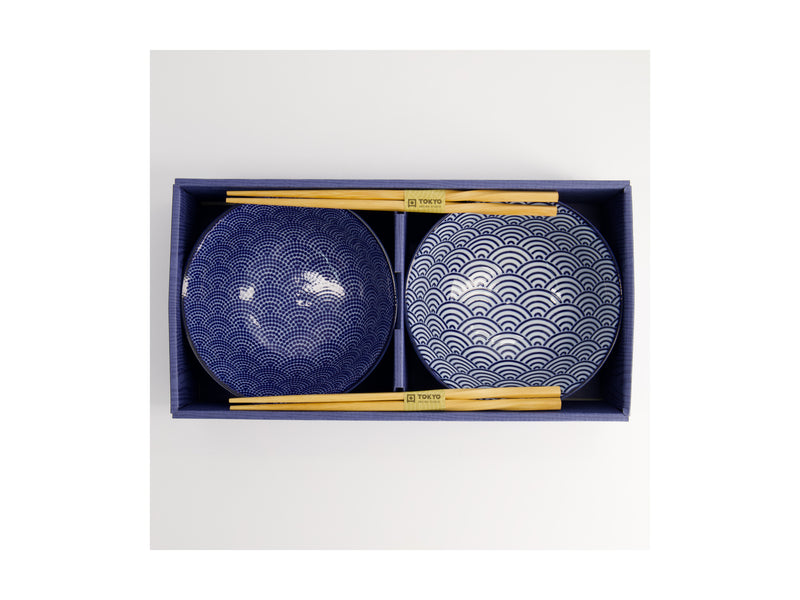 Tokyo Design Studio Nippon Blue Tayo Bowls & Chopsticks 2pc Giftset - Dot Wave - Gift Boxed - Made In Japan