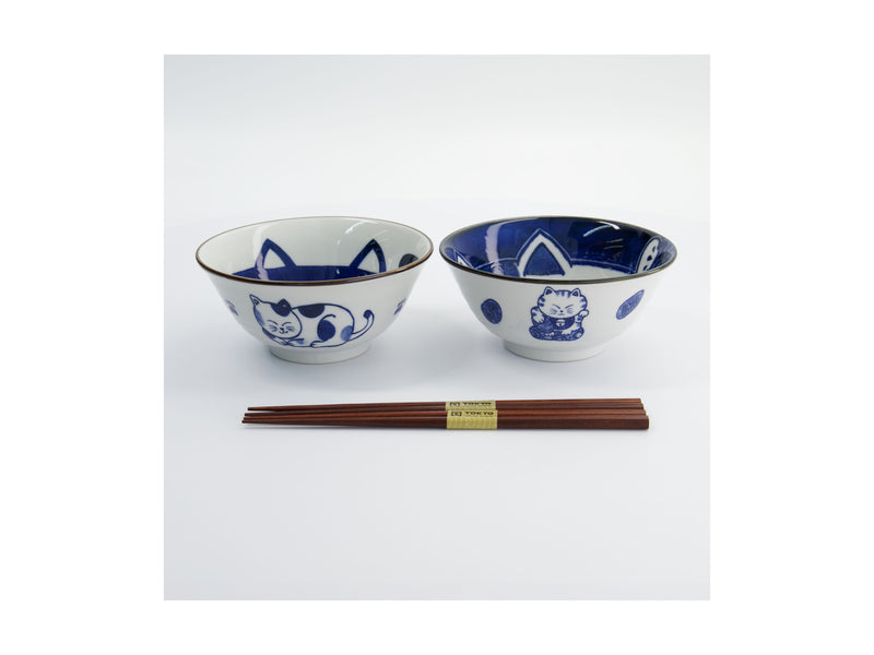 Tokyo Design Studio Kawaii Cat Neko Bowl 2pc With Chopsticks - Blue Cat - Gift Boxed - Made In Japan