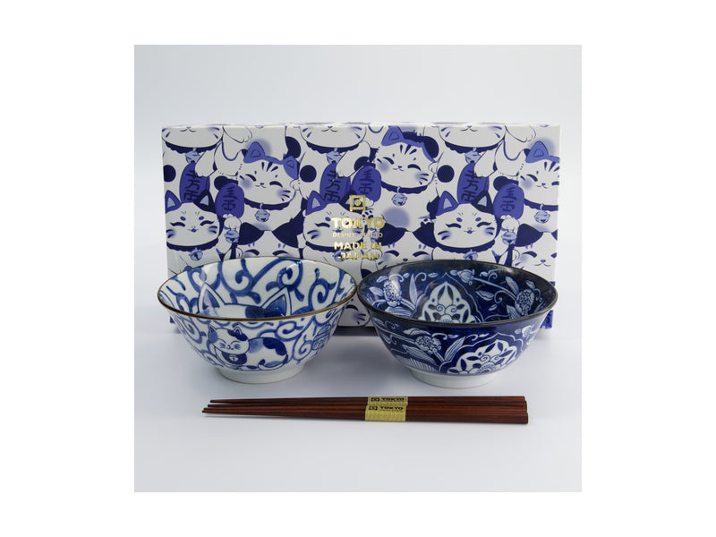 Tokyo Design Studio Kawaii Cat Neko Bowl 2pc With Chopsticks - Swirl Cat - Gift Boxed - Made In Japan