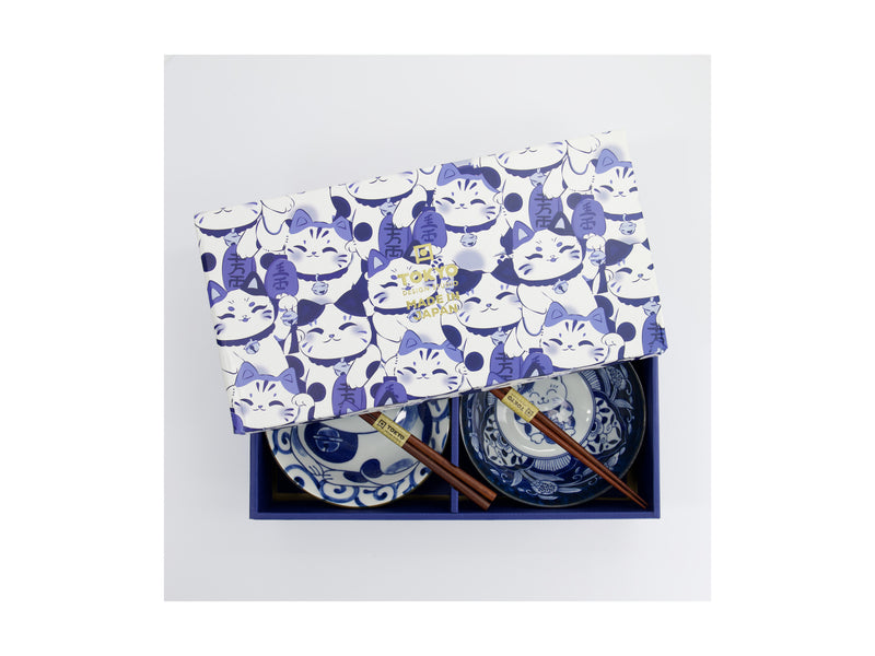 Tokyo Design Studio Kawaii Cat Neko Bowl 2pc With Chopsticks - Swirl Cat - Gift Boxed - Made In Japan