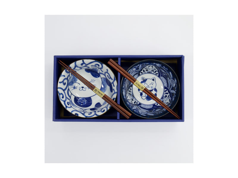 Tokyo Design Studio Kawaii Cat Neko Bowl 2pc With Chopsticks - Swirl Cat - Gift Boxed - Made In Japan