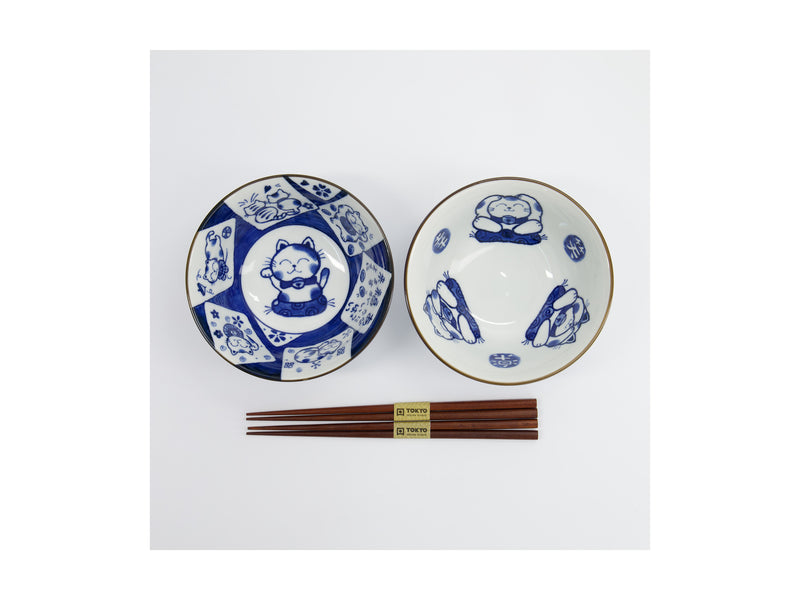 Tokyo Design Studio Kawaii Cat Neko Bowl 2pc With Chopsticks - White Cat - Gift Boxed - Made In Japan