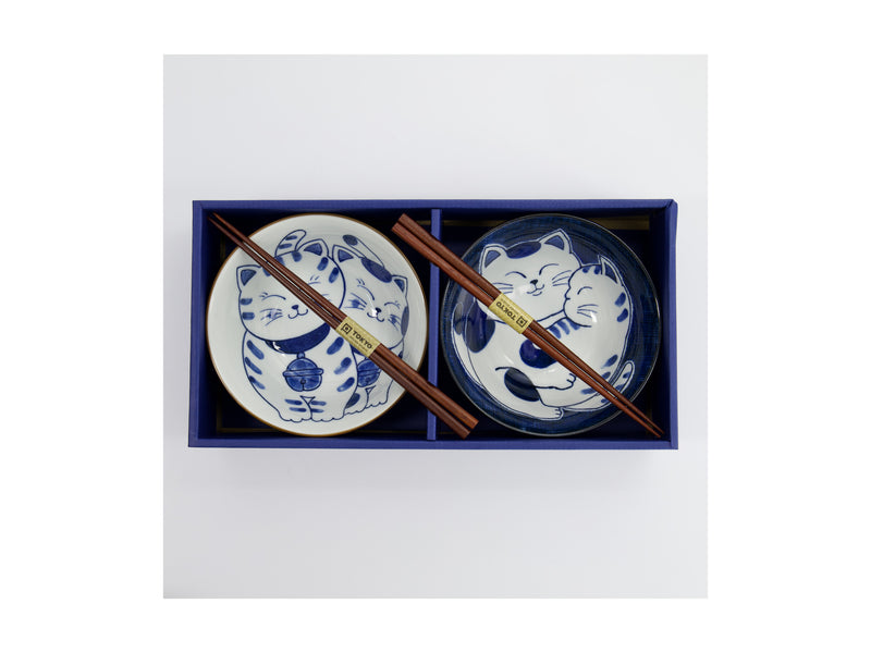 Tokyo Design Studio Kawaii Cat Neko Bowl 2pc With Chopsticks - Twin Cat - Gift Boxed - Made In Japan