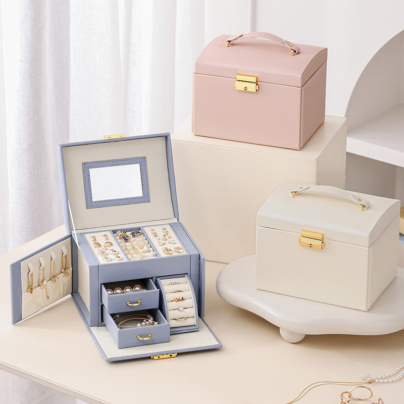 White Luxury PU Leather Jewelry Storage Box - 3-Tier Organizer with Mirror for Necklaces, Earrings, and Rings(Jewelry is a photo prop and is not included)