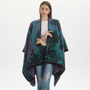 Jiangnan Waterfront-Green Camel Elegant Autumn Winter Shawl - Artistic Split-Design Knit Cloak with Oil Painting Style