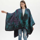 Jiangnan Waterfront-Green Camel Elegant Autumn Winter Shawl - Artistic Split-Design Knit Cloak with Oil Painting Style