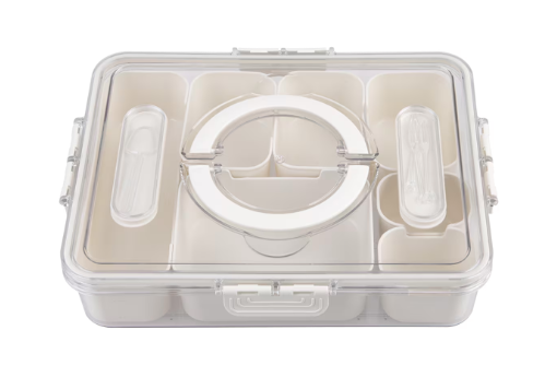 Pizzazz Rectangular 7 Compartment Grazing Box w/ Carry Handles & Food Picks - Cream