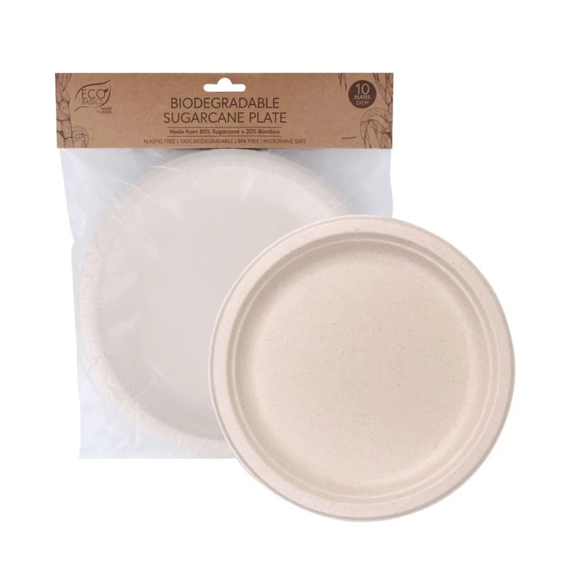 Eco Basics 10pc Biodegradable Sugarcane Plates - 23cm