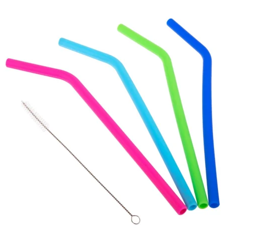 Appetito Silicone Bent Drinking Straws With Brush - Set of 4