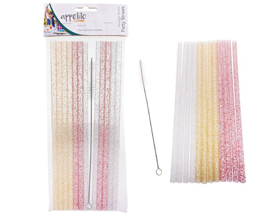 Appetito Reusable Sparkle Party Straws Pack of 12- Includes Brush - 25cm