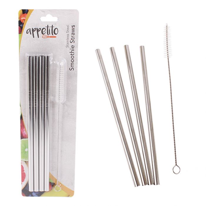 Appetito Stainless Steel Straight Smoothie Straws - Set of 4 with Brush