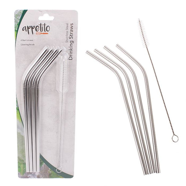 Appetito Stainless Steel Bent Drinking Straws - Set of 4 with Brush
