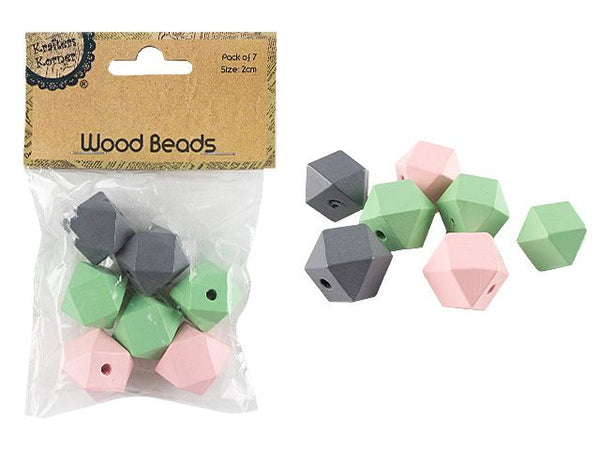 Krafters Korner Hexagon Wood Bead Set - 2cm - Pack of 7 - Mint/Pink/Grey