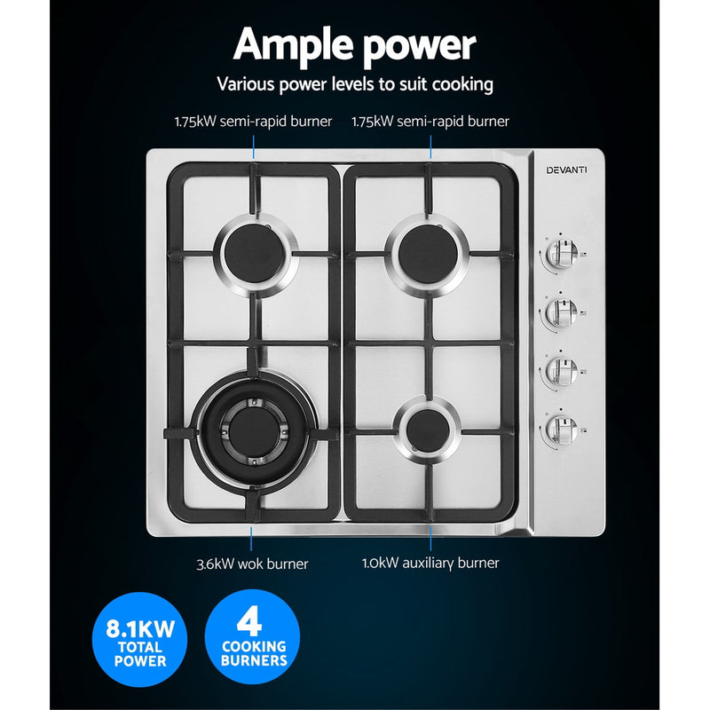 Gas Cooktop 60cm Kitchen Stove 4 Burner Cook Top NG LPG Stainless Steel Silver