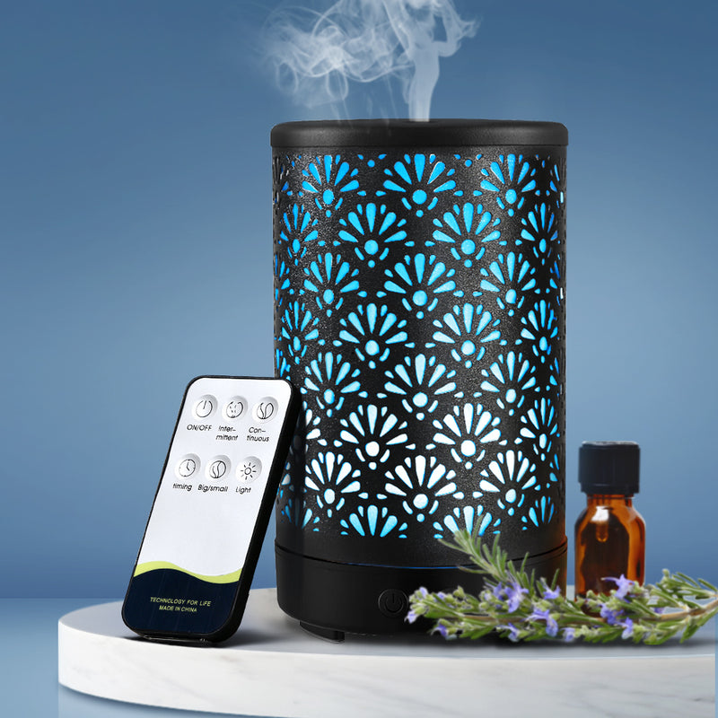 Aroma Diffuser Aromatherapy Essential Oils Metal Cover Ultrasonic Cool Mist 100ml Remote Control Black