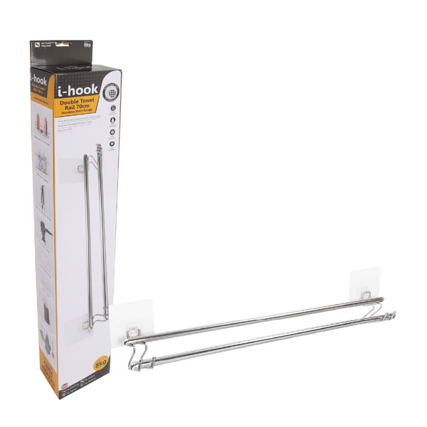 White Magic - I-Hook Double Towel Rail - Nano Suction Tech - Holds up to 8kg - 70cm - Stainless Steel Range