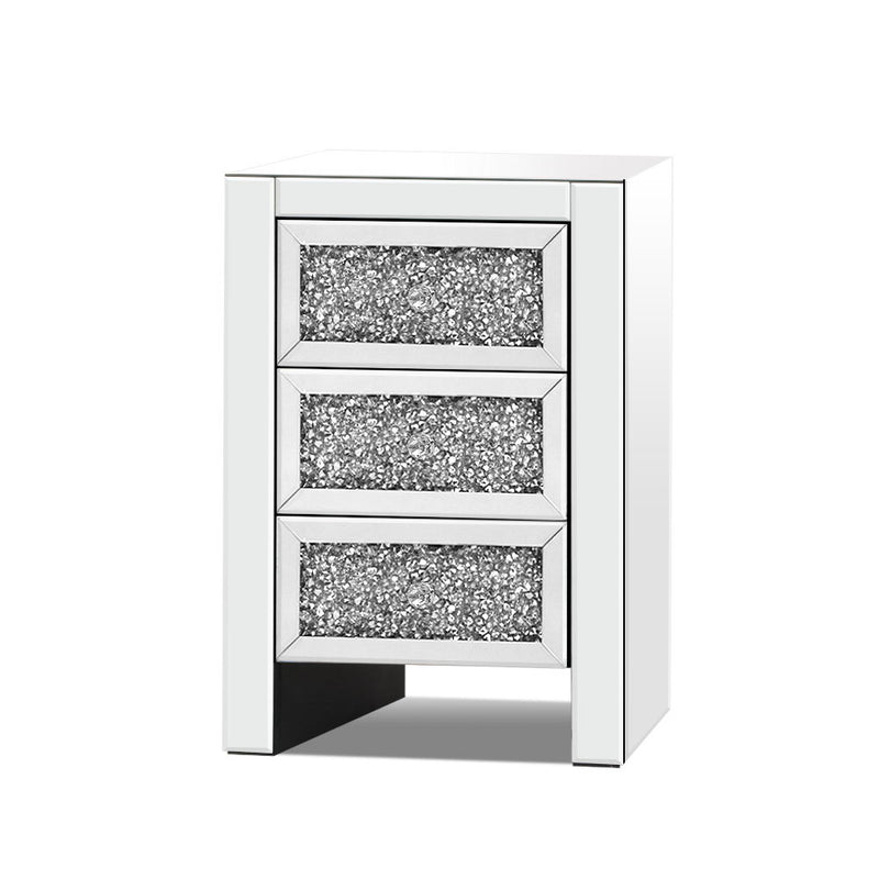 Bedside Nightstand Side End Tables Storage with 3 Drawers Mirrored Glass Furniture