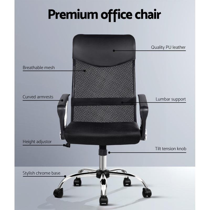 PU w/ Leather Mesh High Back Office Chair - Black