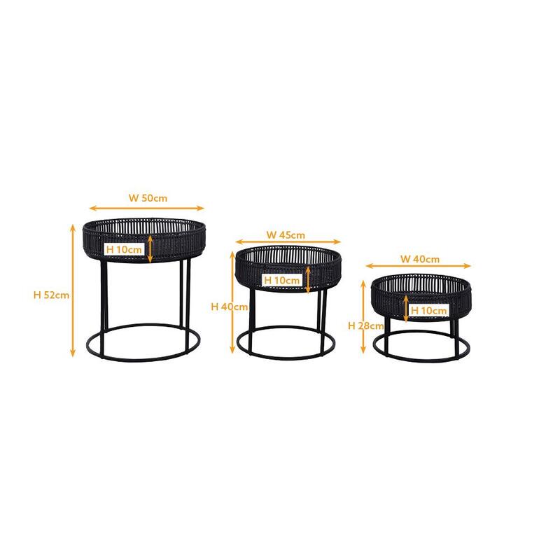 Round Black Rattan Side Tables - Set of 3