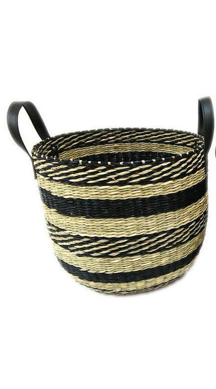 Round Woven Basket With Handles - Black/Natural - Large - 34cm