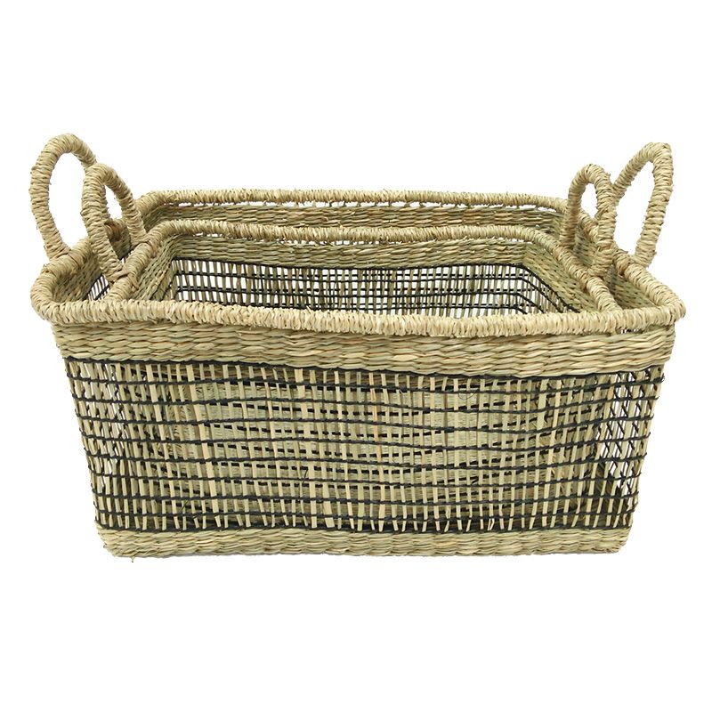Rectangular Woven Basket With Handles - Black/Natural - Large - 43x30cm