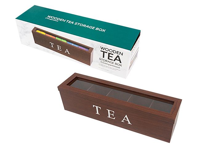 Wooden Tea Storage Box - Brown - 5 Compartment